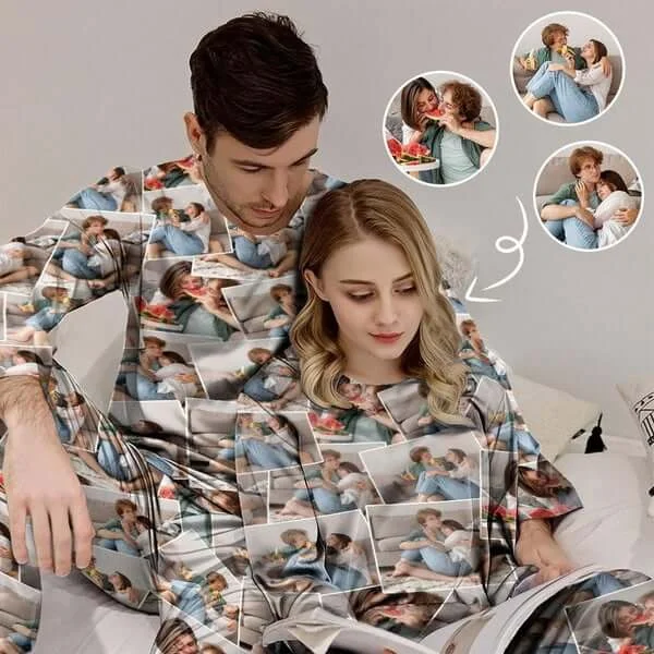 women's cotton pajama setsCustom Photo Pajamas Sets Personalized Photo Crewneck Long Pajamas Couple Matching Pajamas