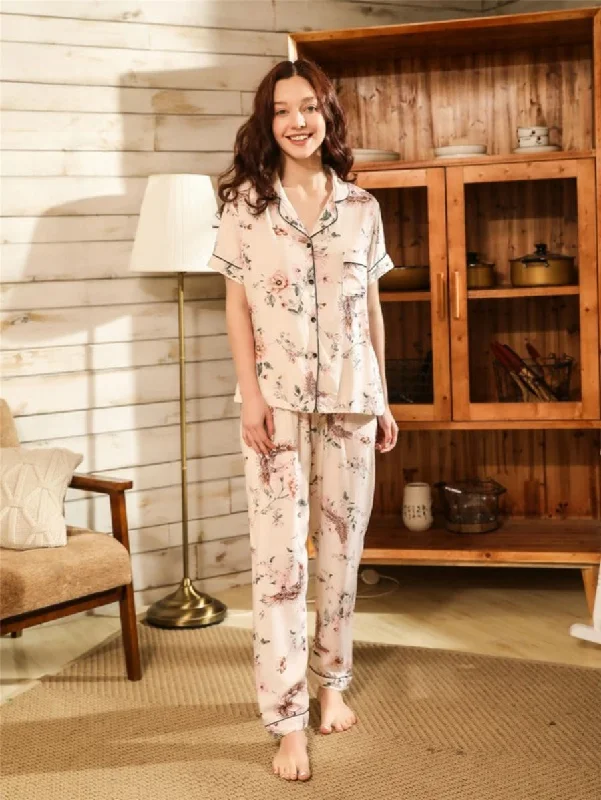 women's short sleeve pajama setsFloral Print Piping Trim Pant Set