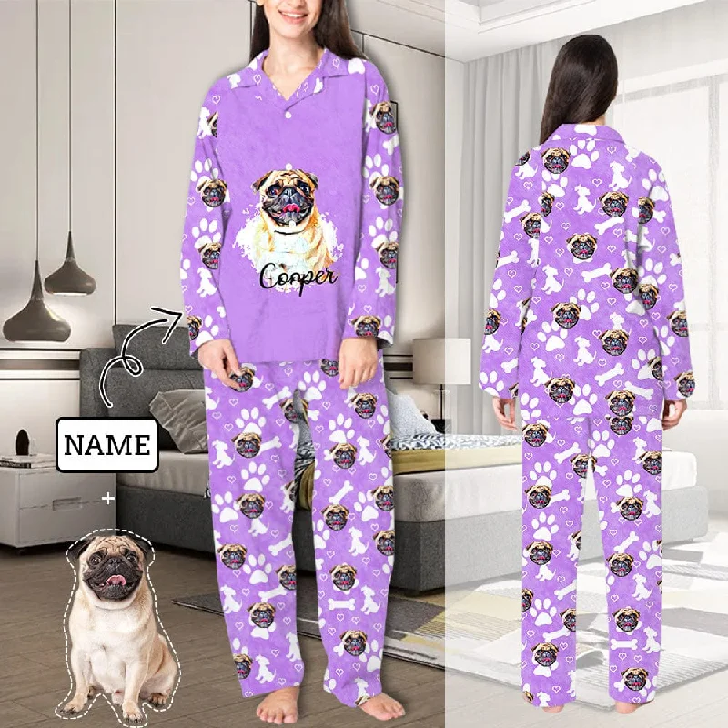 women's pajamas with a cozy, snug fit for ultimate comfortCustom Face & Name Pajamas Sets Women's Purple Personalized Sleepwear with Dog Face on Them