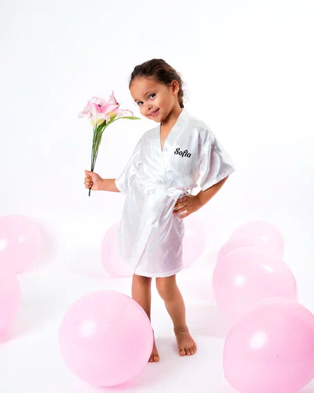 women's pajamas for the holidaysKids Satin robes for Junior Bridesmaids, mini Bride and FLower Girls - Script Glitter arrow and heart