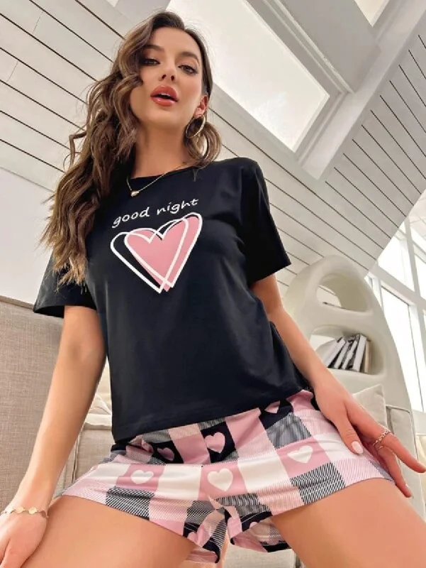 women's pajamas for all-night comfortSlogan Graphic Pattern Tee And Shorts Set