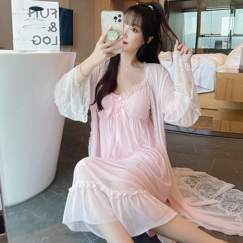 women's pajamas for those who love comfort2021 Summer Autumn 2PCS Cotton Sexy Lace Lingerie Nightgown Robe Sets for Women Bathrobe Sleepwear Nightdress Night Dress Nighty