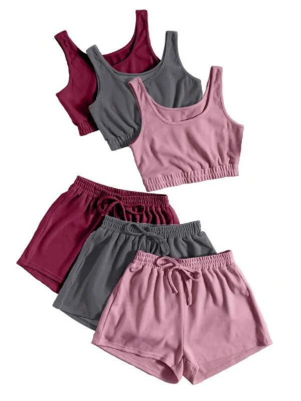 women's pajamas in pastel colorsPack Of 3 Crop Top And Knot Front Shorts Set