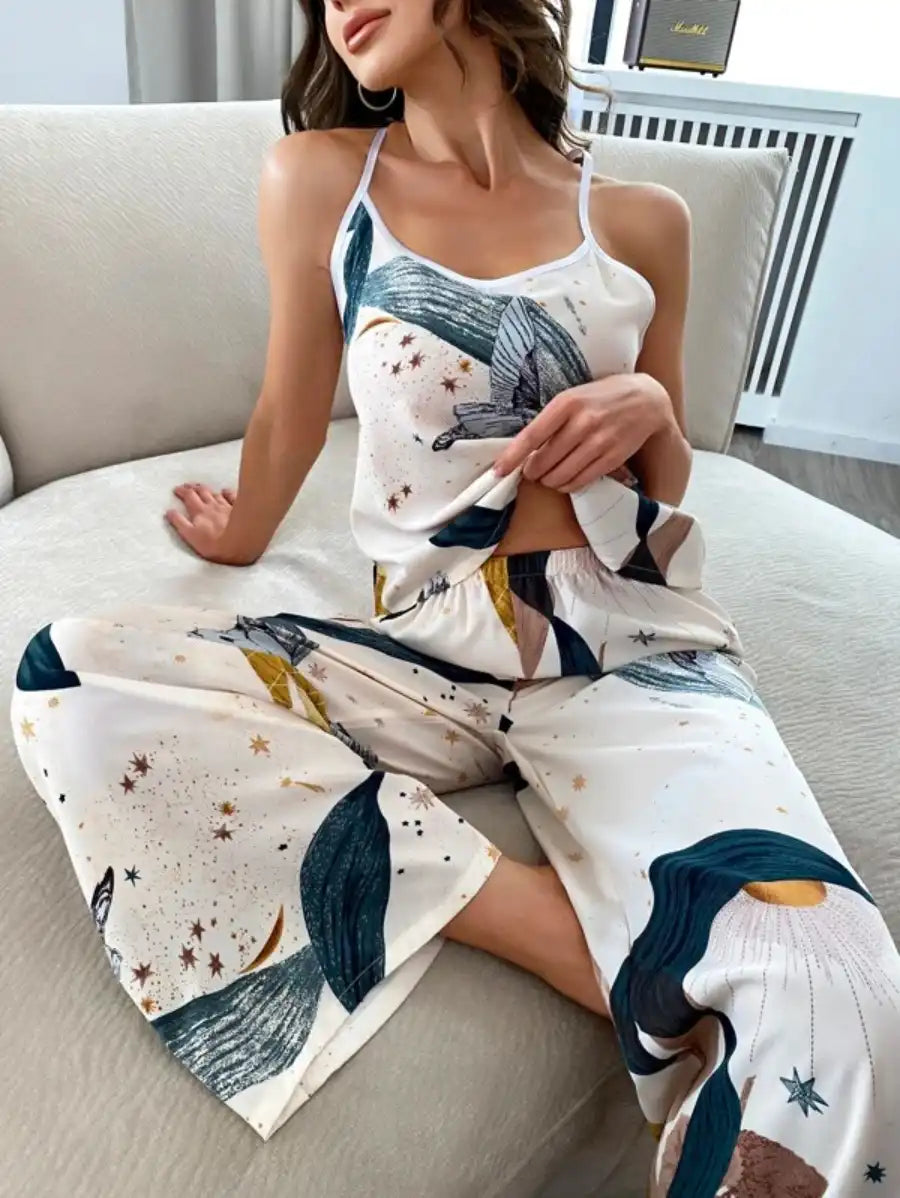 women's pajamas for everyday loungingBird And Leaf Print Crisscross Back Pajama Set