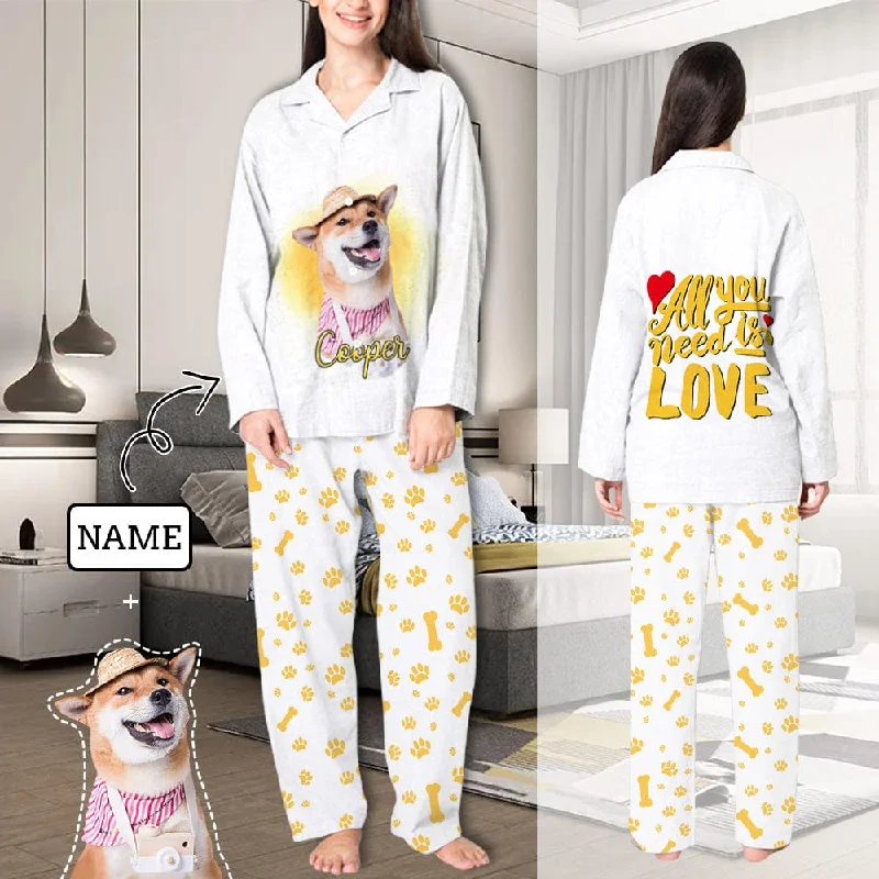 women's pajamas for cold weatherCustom Face & Name Pajamas Sets Women's Yellow Bones Personalized Sleepwear with Pet Face on Them