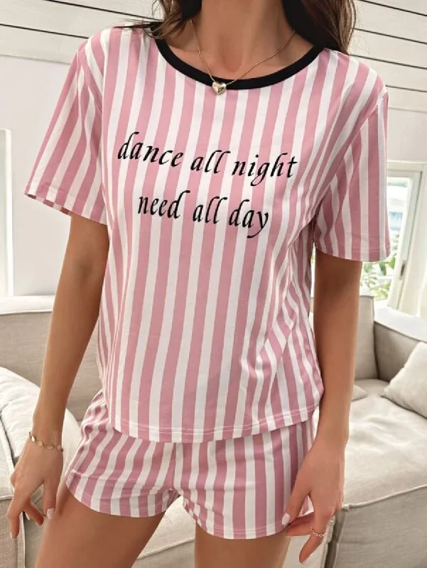 women's pajamas with a fitted designStriped And Slogan Graphic Bow Front Shorts Set