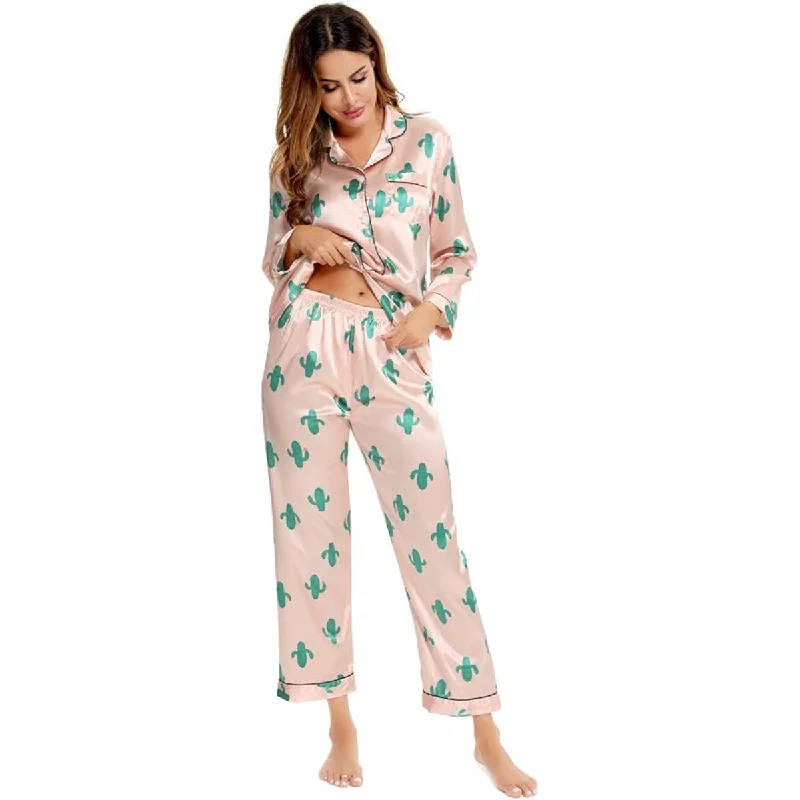 floral print women's pajamasLong Sleeve Printed Button Down Satin Pajama Set