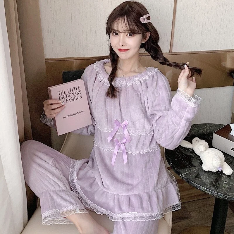 women's pajamas with a relaxed, casual vibe2021 Winter Cute Lace Bow Long Sleeve Thick Warm Flannel Pajama Sets for Women Coral Velvet Sleepwear Suit Homewear Home Clothes