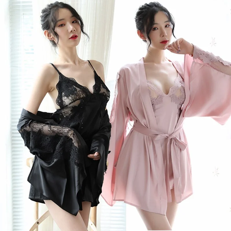 women's pajamas for those who appreciate soft, breathable fabrics2PCS Silk Satin Lace Sexy Lingerie Mini Dress Nightgowns Robes Sets for Women Summer Bathrobe Sleepwear Nightdress Night Dress