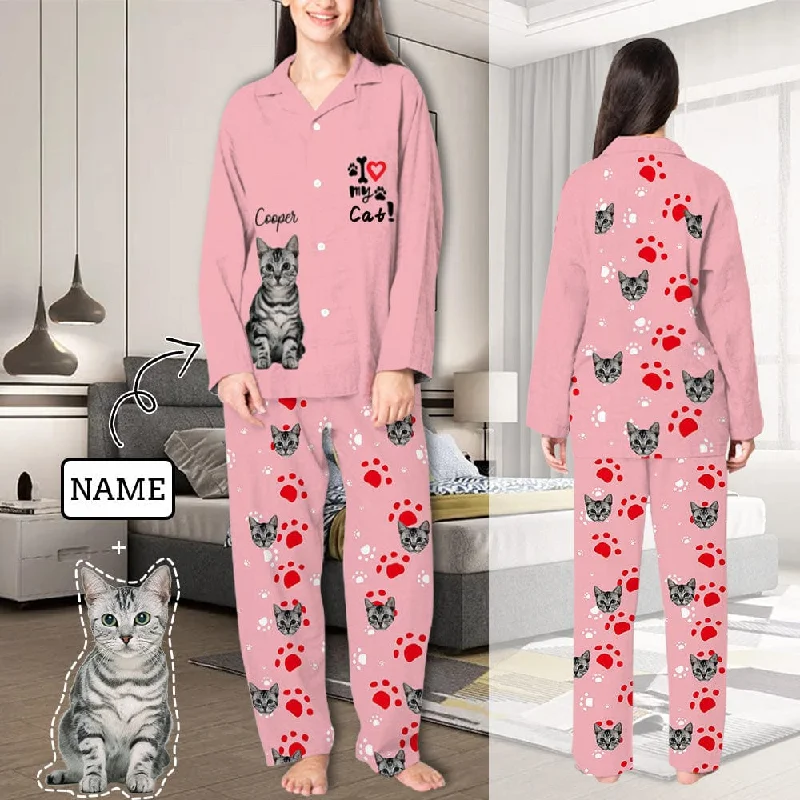 women's pajamas for those who cherish their bedtime routinesCustom Face & Name Pajamas Sets Women's Pink Personalized Sleepwear with Cat Face on Them