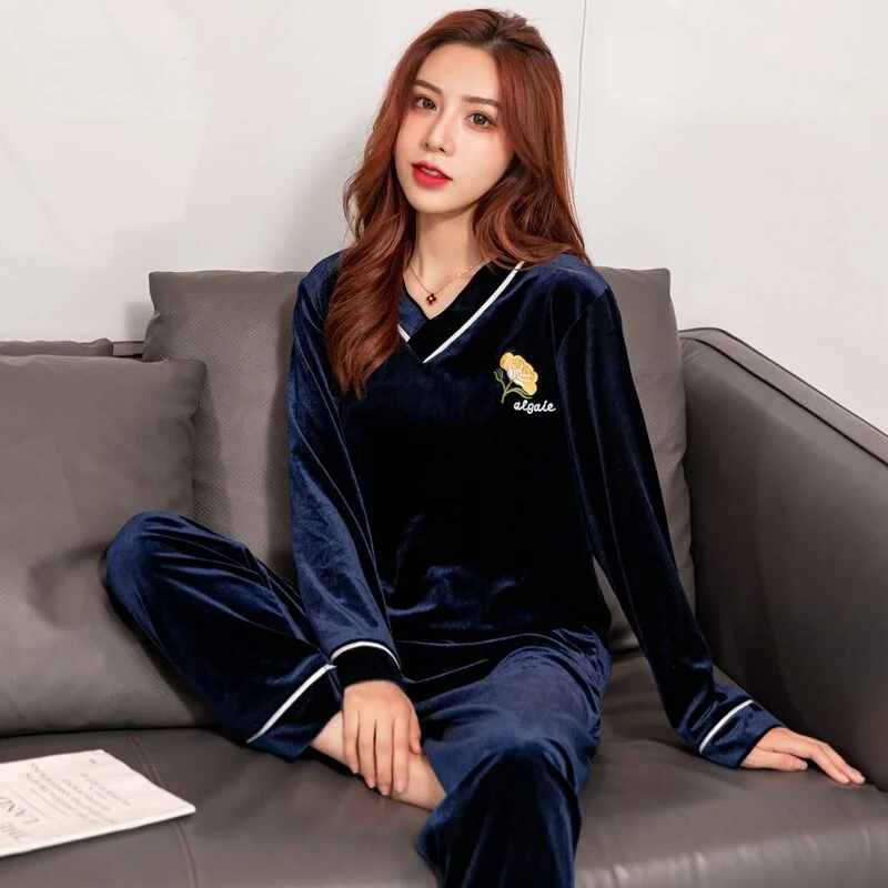 women's pajamas with built-in bra2021 Autumn Winter Plus Size V-neck Gold Velvet Pajama Sets for Women Long Sleeve Sleepwear Pyjama Homewear Pijama Mujer Clothes