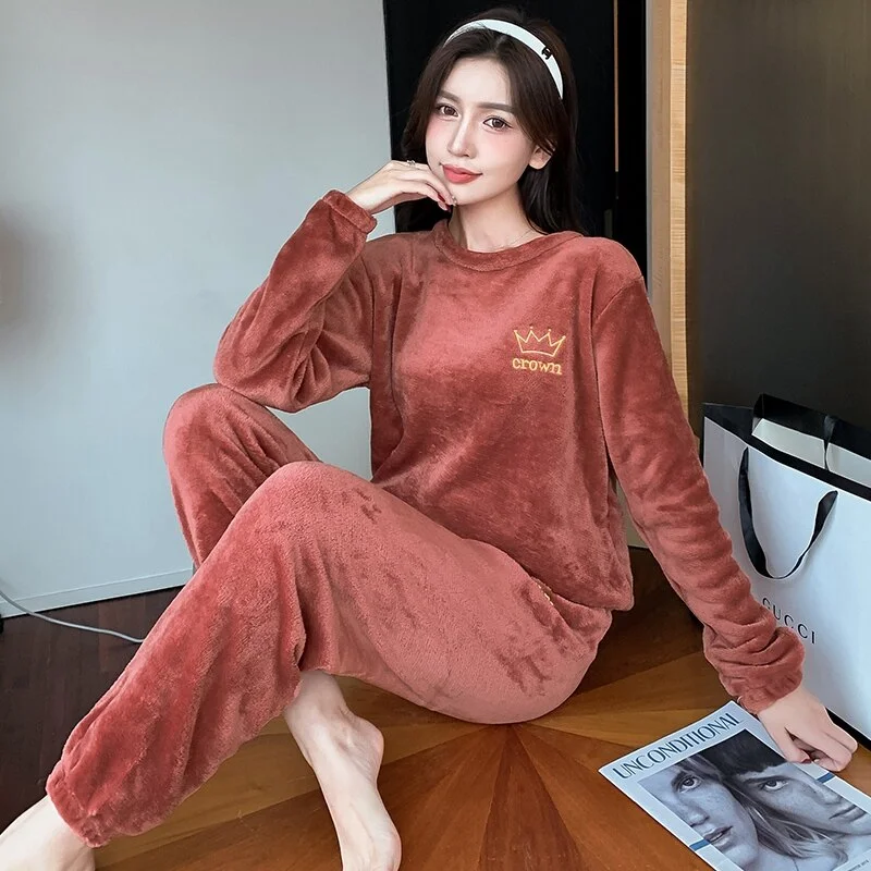 affordable women's pajama sets2021 Winter Long Sleeve Thick Warm Flannel Pajama Sets For Women Korean Coral Velvet Sleepwear Suit Pyjama Homewear Home Clothes