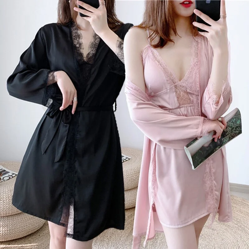 women's pajama sets with matching robes2020 Summer 4PCS Silk Satin Lace Sexy Lingerie Nightgowns Robes Sets for Women Bathrobes Sleepwear Nightdress Night Dress Nighty