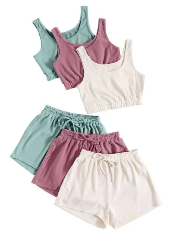 women's pajamas with adjustable waistbandsSet Of 3 Crop Top And Knot Front Shorts Set