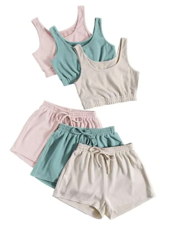 women's pajamas for everyday wearSet Of 3 Crop Top And Knot Front Shorts Lounge Set