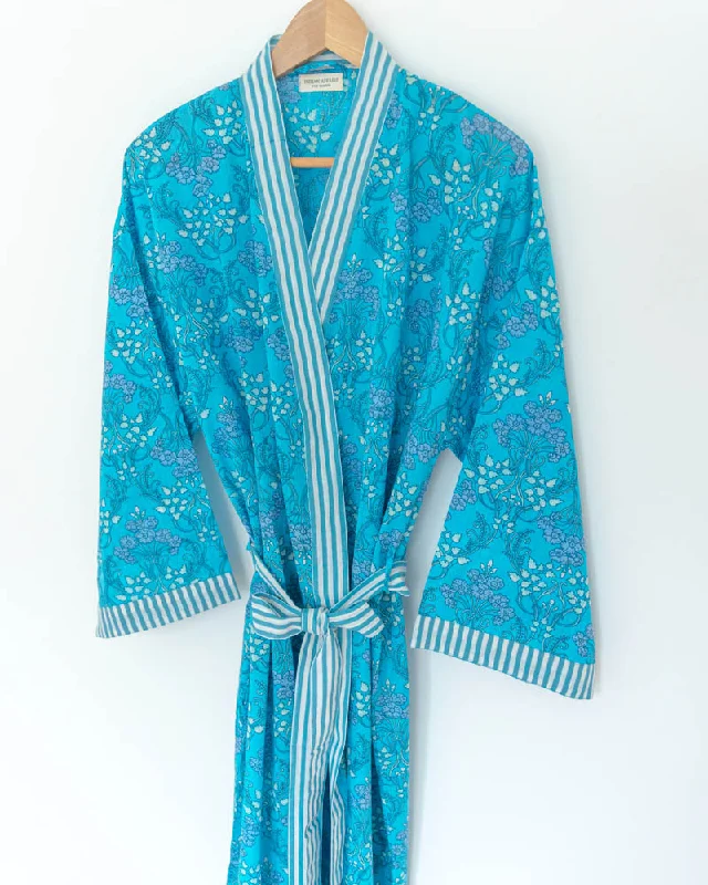 women's pajamas for those who appreciate soft, breathable fabricsDamen Morgenmantel Kimono blau gemustert