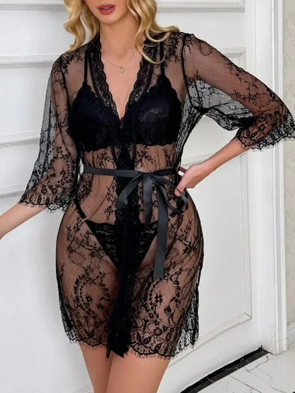 women's pajamas with pockets on the chestFloral Lace Belted Robe Lingerie