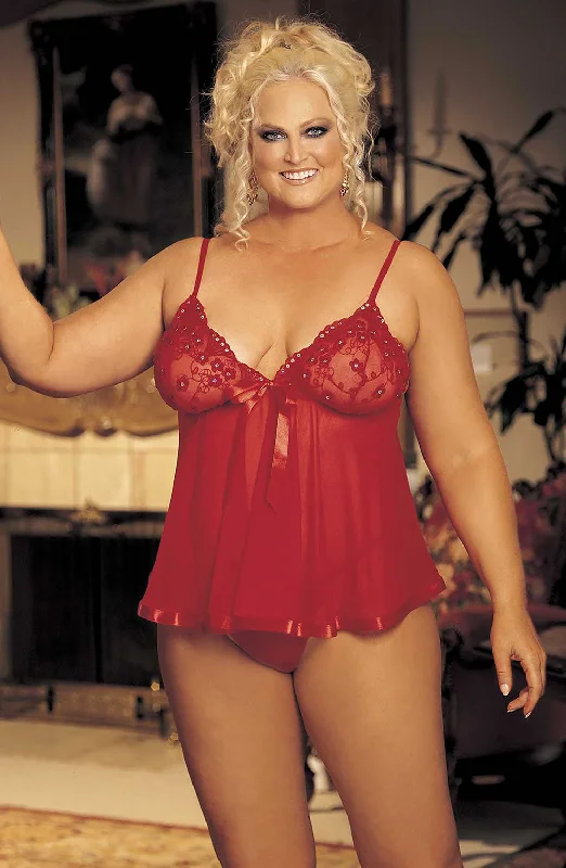 women's pajamas with lace trimShirley of Hollywood SoH-HL 96121Q (Plus Size) Red One Size