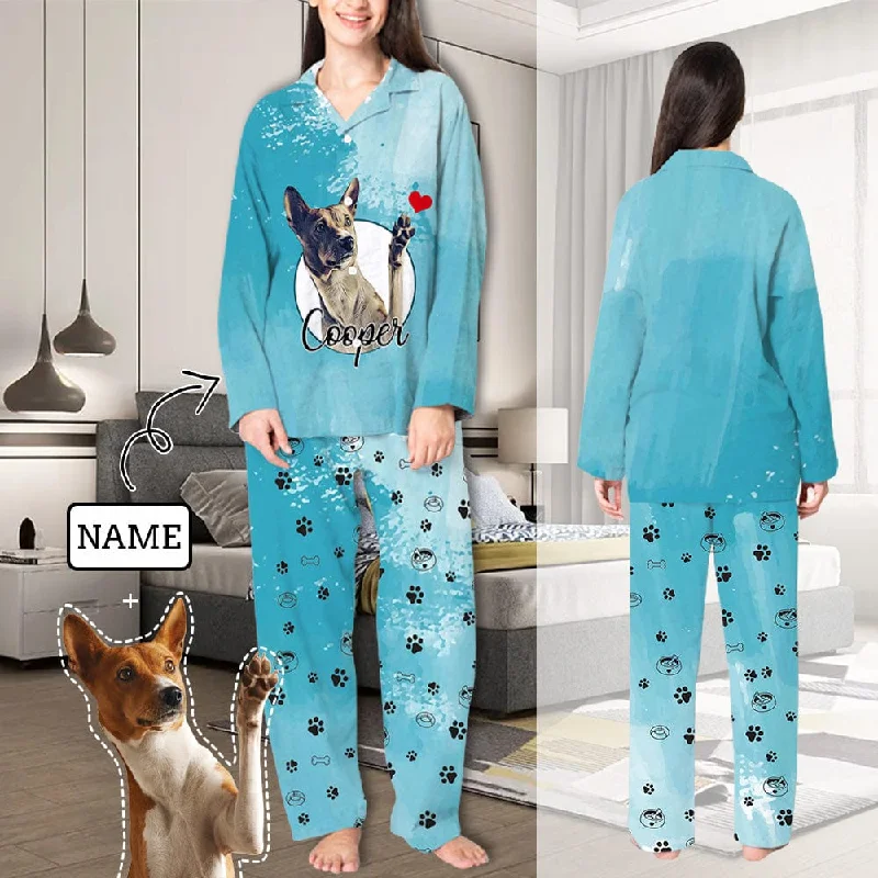 women's pajamas with lace trimCustom Face & Name Pajamas Sets Women's Sky Blue Personalized Sleepwear with Pet Face on Them