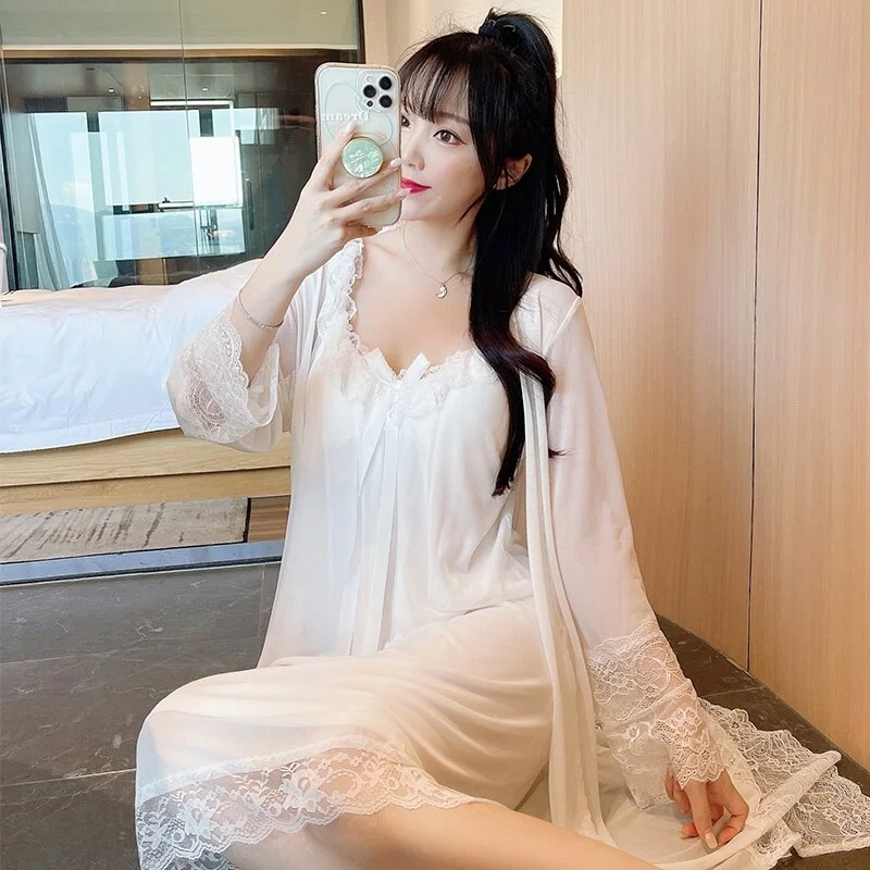 women's pajamas with a perfect blend of style and comfort2021 Autumn 2PCS Sexy Lace Bow Lingerie Nightgowns Robes Sets for Women Cotton Bathrobe Sleepwear Nightdress Night Dress Nighty