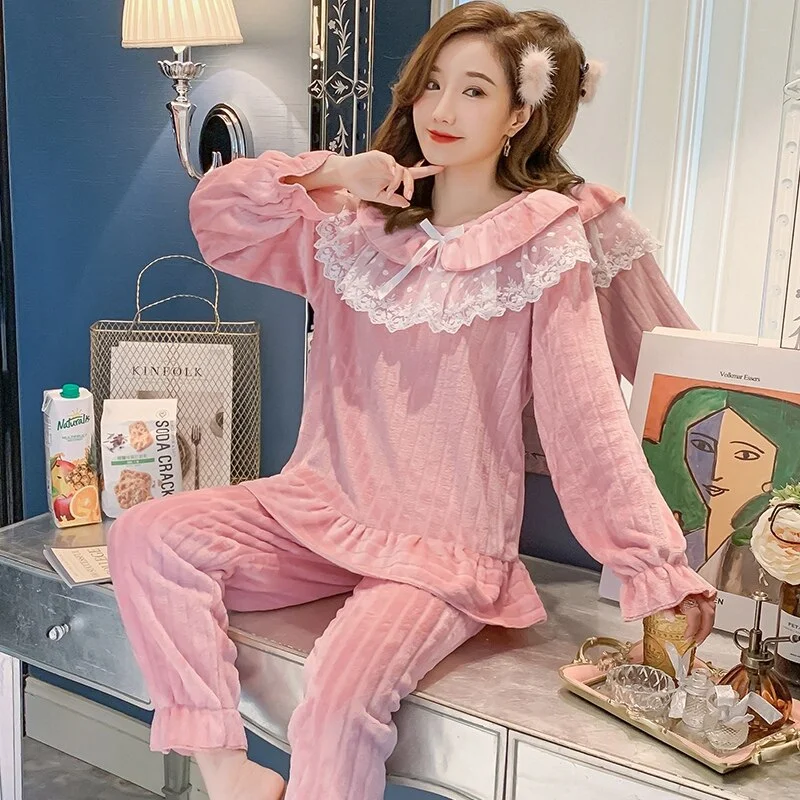 women's pajamas for those who love to indulge2021 Winter Long Sleeve Cute Lace Princess Thick Warm Flannel Pajama Sets for Women Coral Velvet Sleepwear Homewear Home Clothes