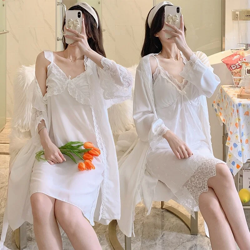 women's pajamas with a charming, vintage aesthetic2PCS Sexy Lace Lingerie Nightgowns Robe Sets for Women Korean Summer Silk Satin Bathrobe Sleepwear Nightdress Night Dress Nighty