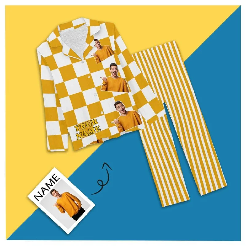 women's cotton pajama setsCustom Name&Photo Pajama Sets Yellow Grid Stripe Personalized Sleepwear for Women