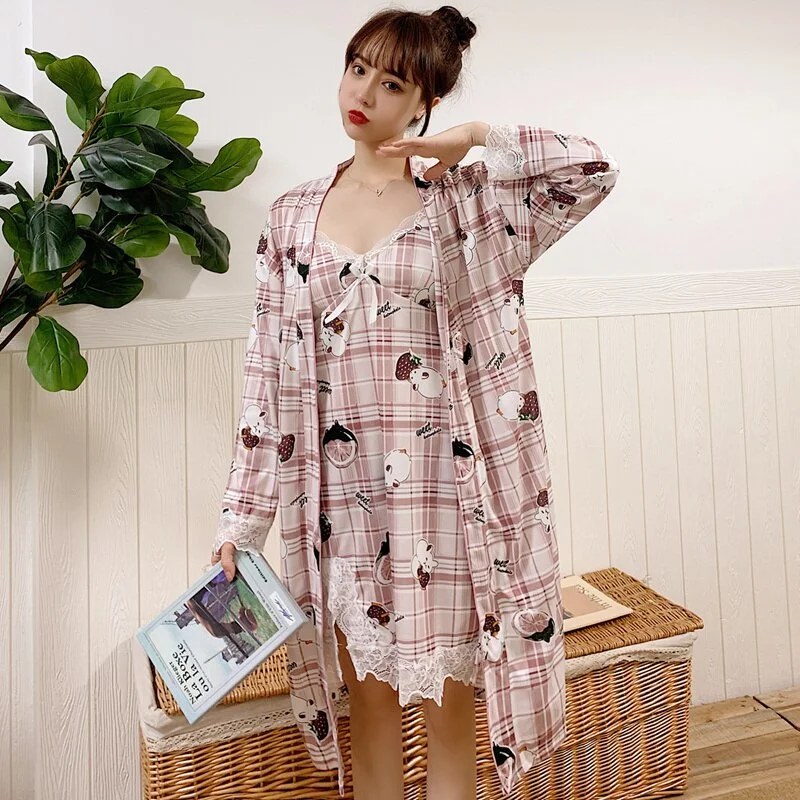 women's pajamas with a perfect blend of style and comfort2PCS Sexy Lingerie Nightgowns Robes Sets for Women Summer Casual Plaid Bathrobes Sleepwear Nightdress Night Dress Two Piece Set