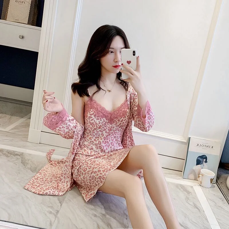 women's pajamas with a fitted design2PCS Silk Satin Sexy Leopard Lace Lingerie Nightgowns Robe Sets Women 2021 Summer Bathrobe Sleepwear Suit Nightdress Night Dress