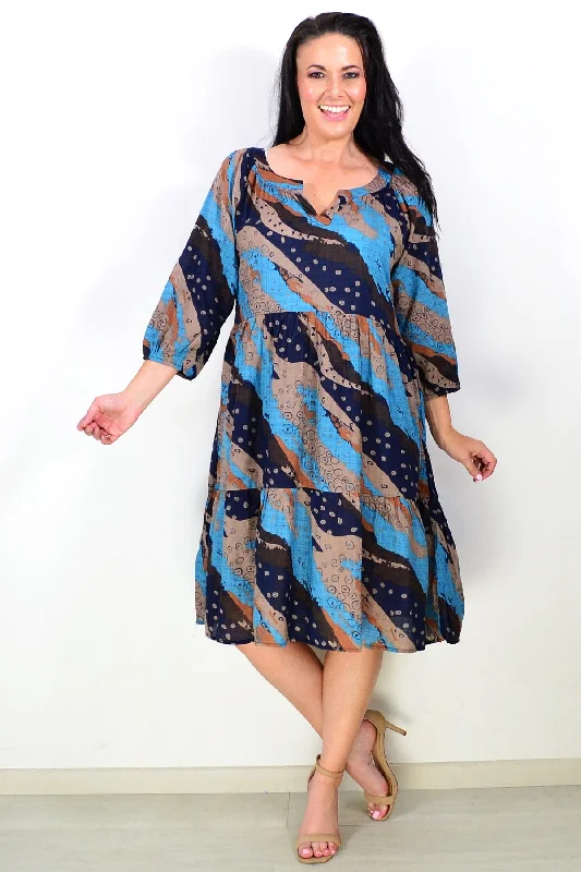 Women's Long CoatsMidnight Blue Abstract Print Tunic Dress