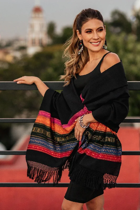 Women's Hungarian Wool SweatersZapotec Night Splendor Black Zapotec Rebozo Shawl with Colorful Geometric Stripes