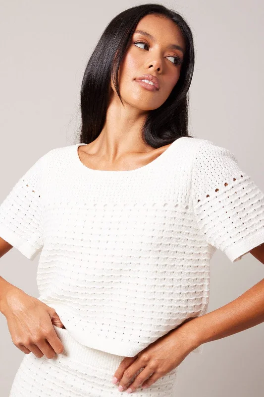 Women's Bosnian Wool SweatersWhite Knit Top Short Sleeve Crochet