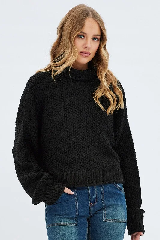 Women's Boat Collar SweatersBlack Knit Jumper Turtle Neck