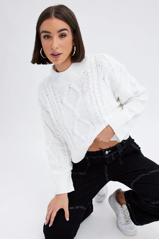 Women's Fine Gauge SweatersWhite Cable Knit Jumper Long Sleeve