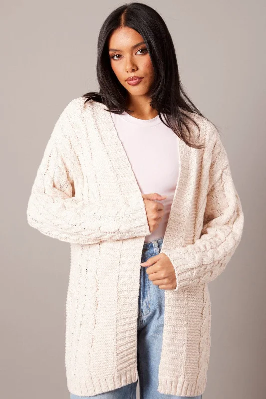 Women's Narrow Collar SweatersBeige Cable Knit Cardigan Longline