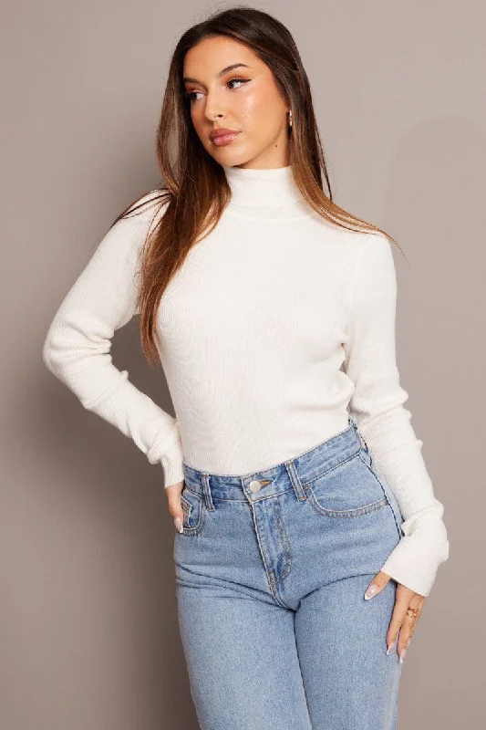 Women's High Collar SweatersWhite Knit Top Long Sleeve High Neck