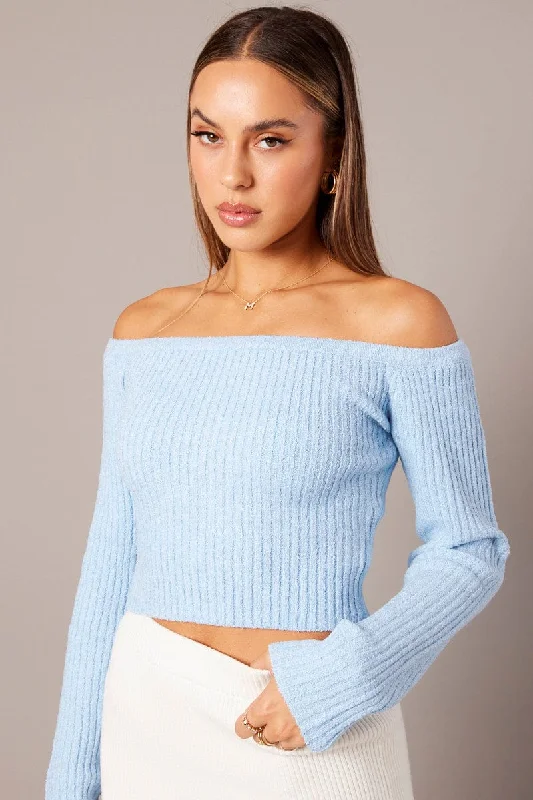 Women's Latvian Wool SweatersBlue Knit Top Long Sleeve Off Shoulder