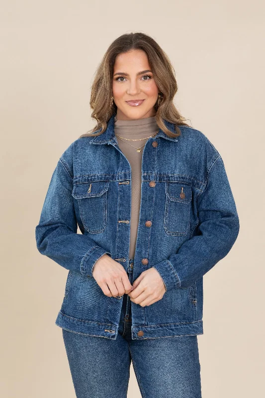 Women's Coats with Fur Trimmed HoodRisen Dark Wash Oversized Denim Jacket