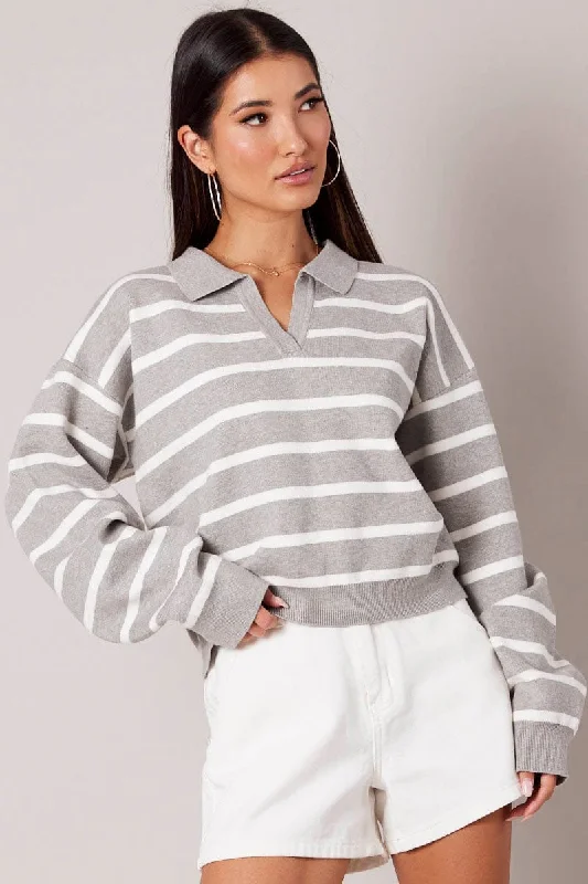 Women's Ribbed SweatersGrey Stripe Knit Top Long Sleeve Collar