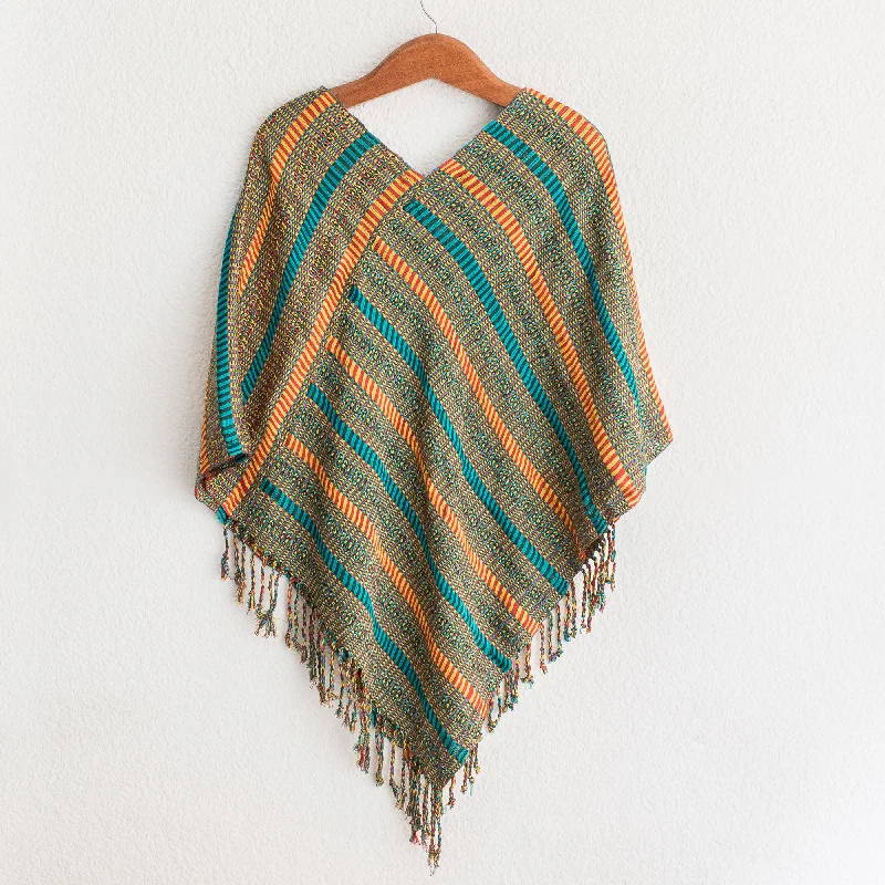 Women's Narrow Collar SweatersBeach Stripes Handwoven Striped Cotton Poncho from Guatemala