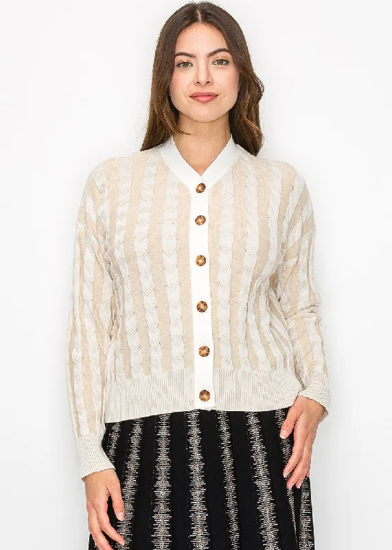 Women's Polyester SweatersBeige Cable Knit Stripe Cardigan