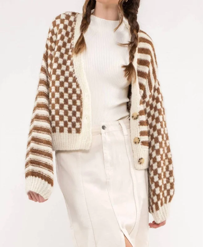 Women's High Collar SweatersStripe And Checkered Drop Shoulder Knit Cardigan In Brown