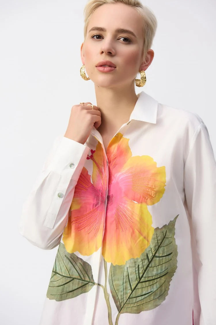 Women's Keyhole Collar SweatersJoseph Ribkoff Vanilla/Multi Embroidered Flower Cotton Shirt