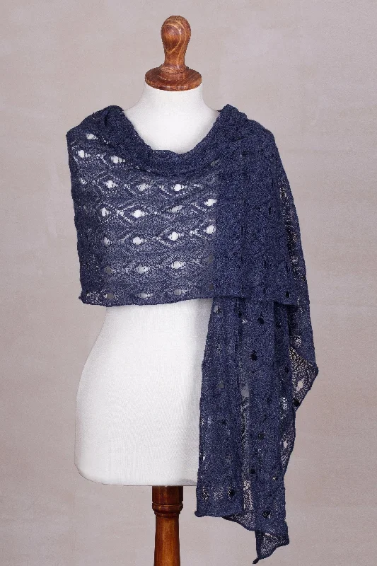 Women's Norwegian SweatersBreezy Skies in Blue 100% Alpaca Crocheted Shawl in Blue from Peru