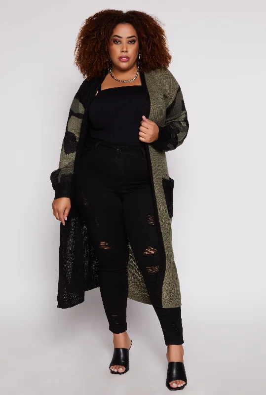 Women's Coats with ZipperPlus Size Camo Color Block Knit Duster