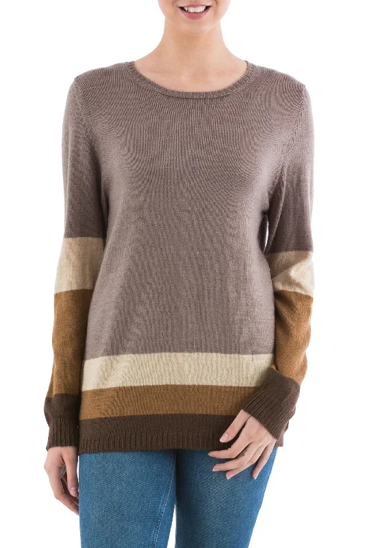 Women's Mandarin Collar SweatersImagine in Brown Striped Pullover Sweater