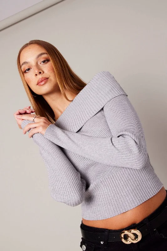 Women's Lithuanian Wool SweatersGrey Knit Top Long Sleeve Off Shoulder