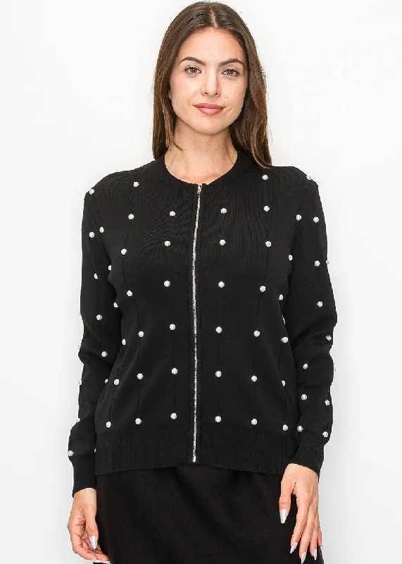 Women's Low Collar SweatersPearl Embellished Black Knit Jacket