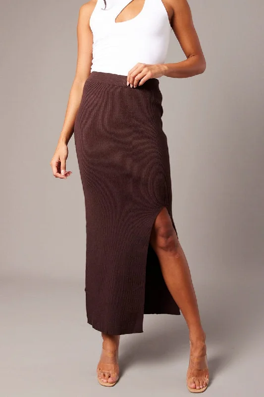 Women's Bulgarian Wool SweatersBrown Knit Skirt Front Split High Rise