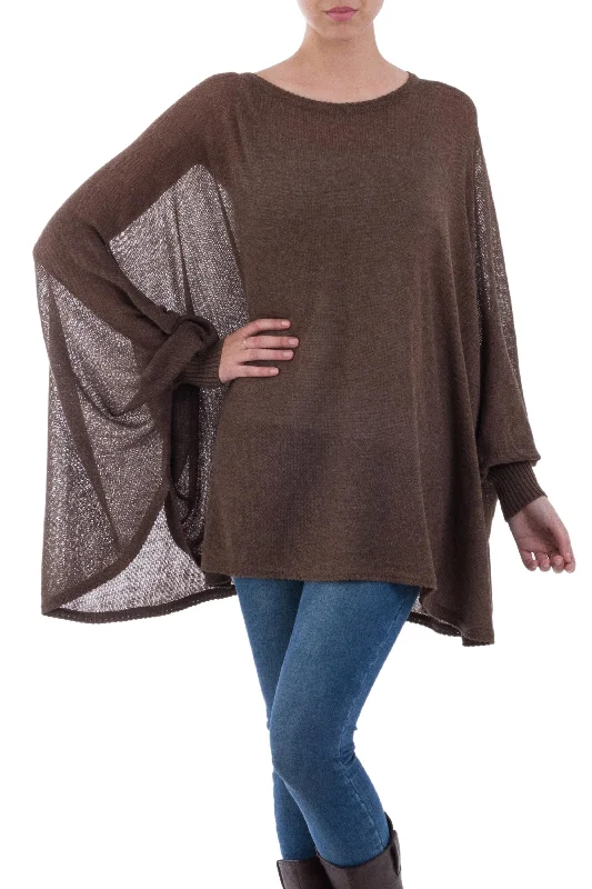 Women's Romanian Wool SweatersDesert Breeze Soft Knit Bohemian Style Brown Drape Sweater from Peru